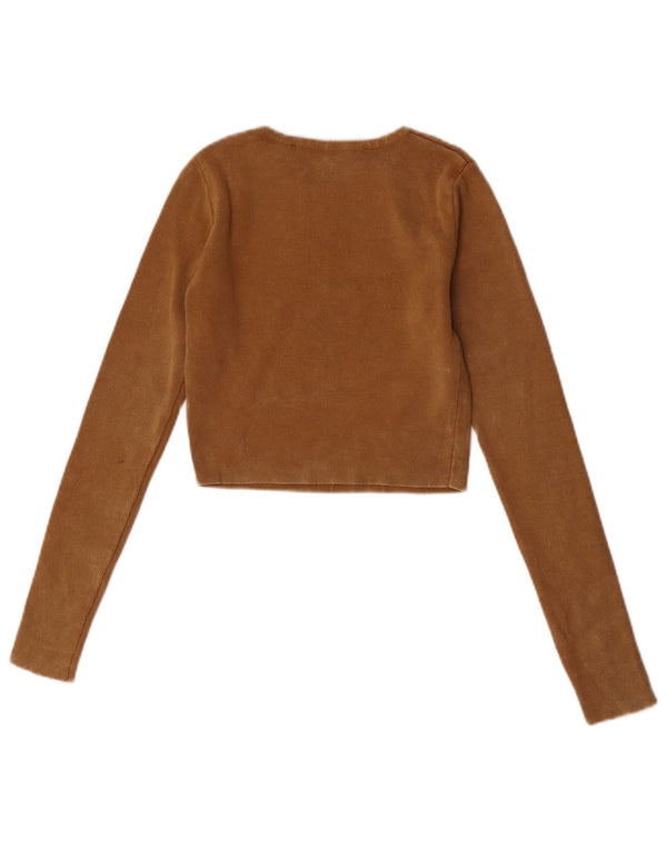 Zara Womens Crop Top Manga Longa Reino Unido 8 Pequeno Algodão Bege