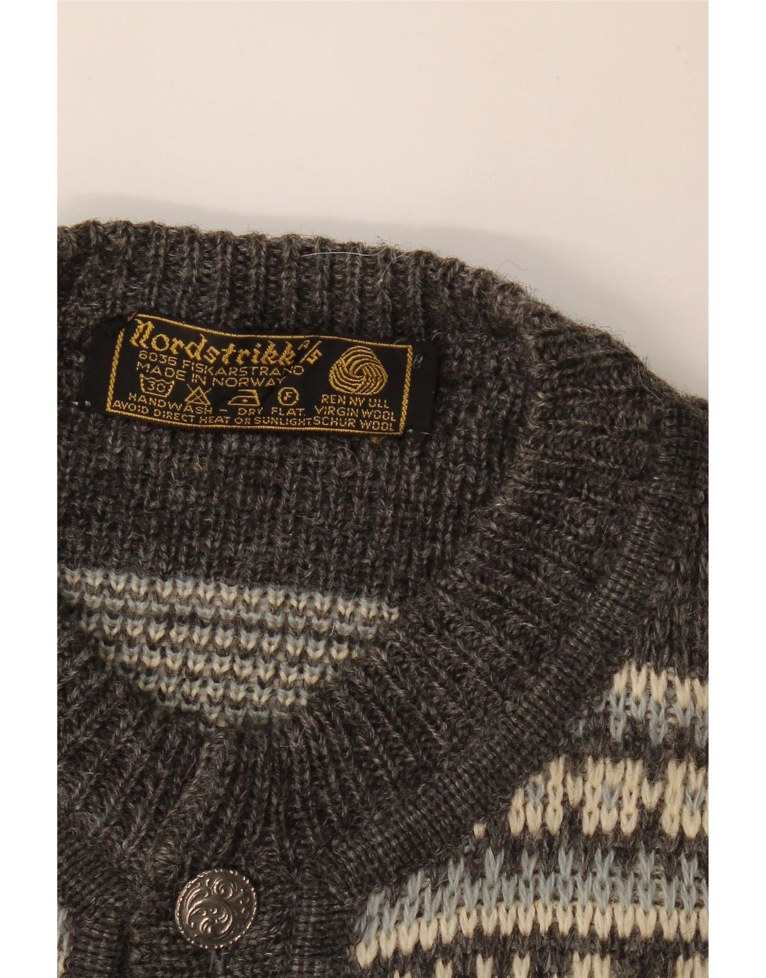 Suéter cardigã masculino NORDSTRIKK pequeno cinza Fair Isle lã virgem