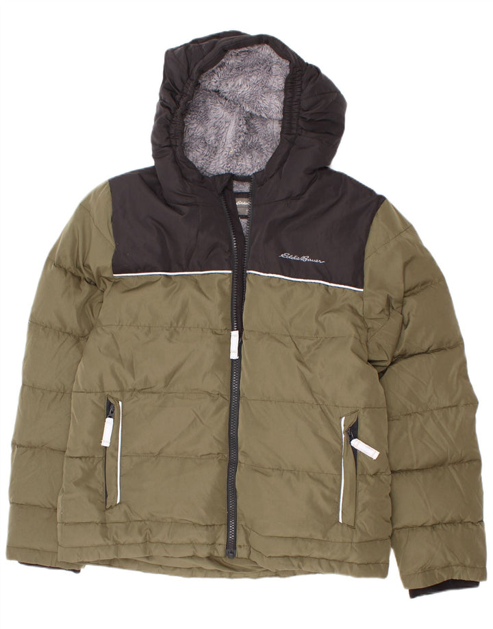 Jaqueta acolchoada com capuz para meninos Eddie Bauer 7-8 anos pequeno cáqui colorblock