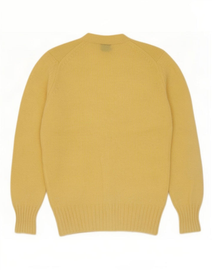 Suéter cardigã masculino vintage, lã virgem amarela pequena
