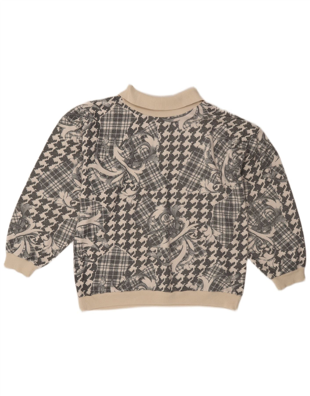 Suéter feminino vintage com gola polo UK 18 XL cinza patchwork