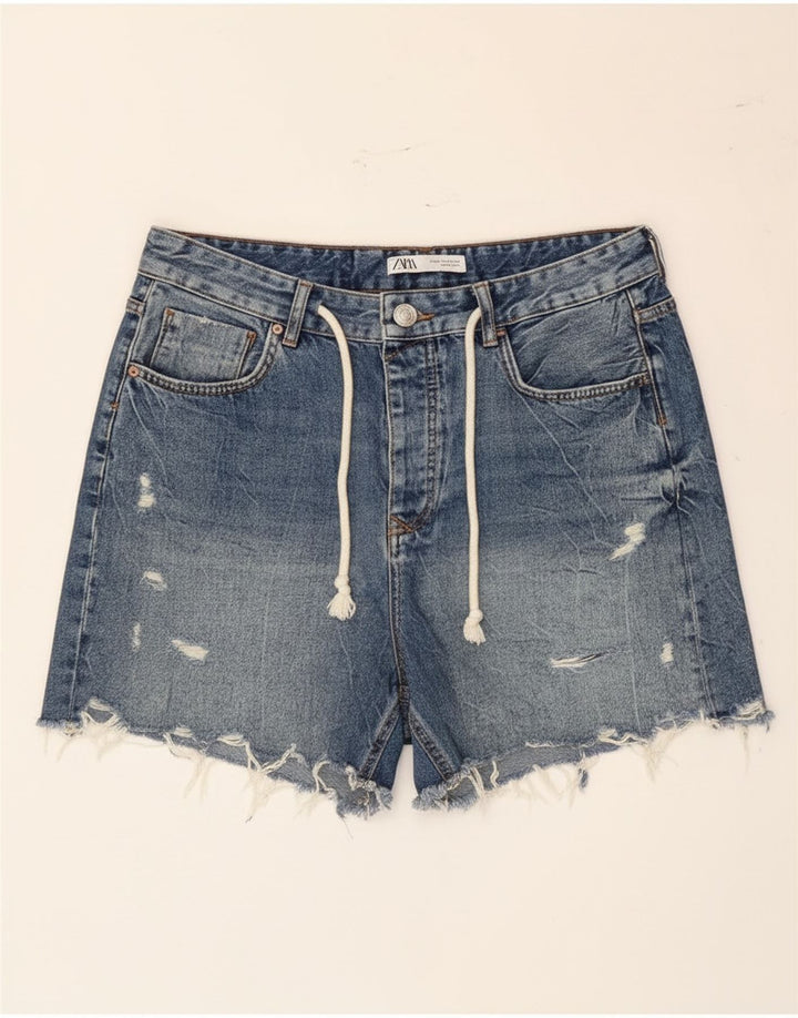 Zara Shorts jeans feminino desgastado UE 42 grande W32 algodão azul
