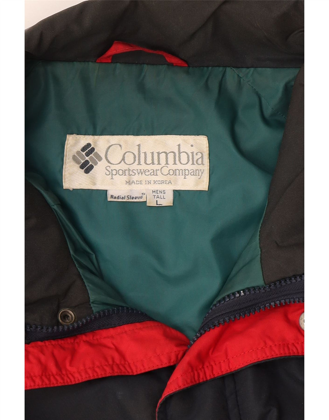 Jaqueta de esqui alta Columbia masculina UK 40 grande bloco colorido azul marinho