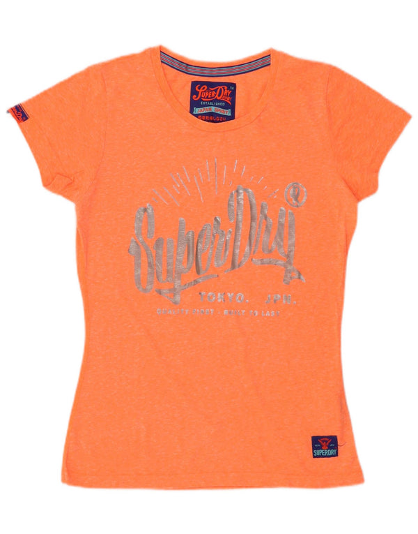 Camiseta feminina SUPERDRY com estampa gráfica UK 12 poliéster manchado laranja médio
