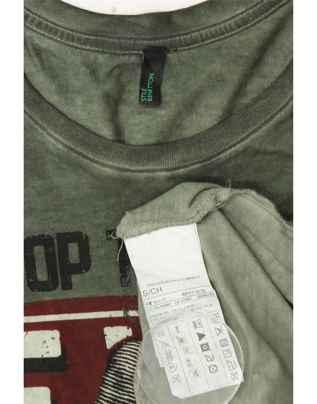 Top gráfico masculino BENETTON manga comprida pequeno algodão verde