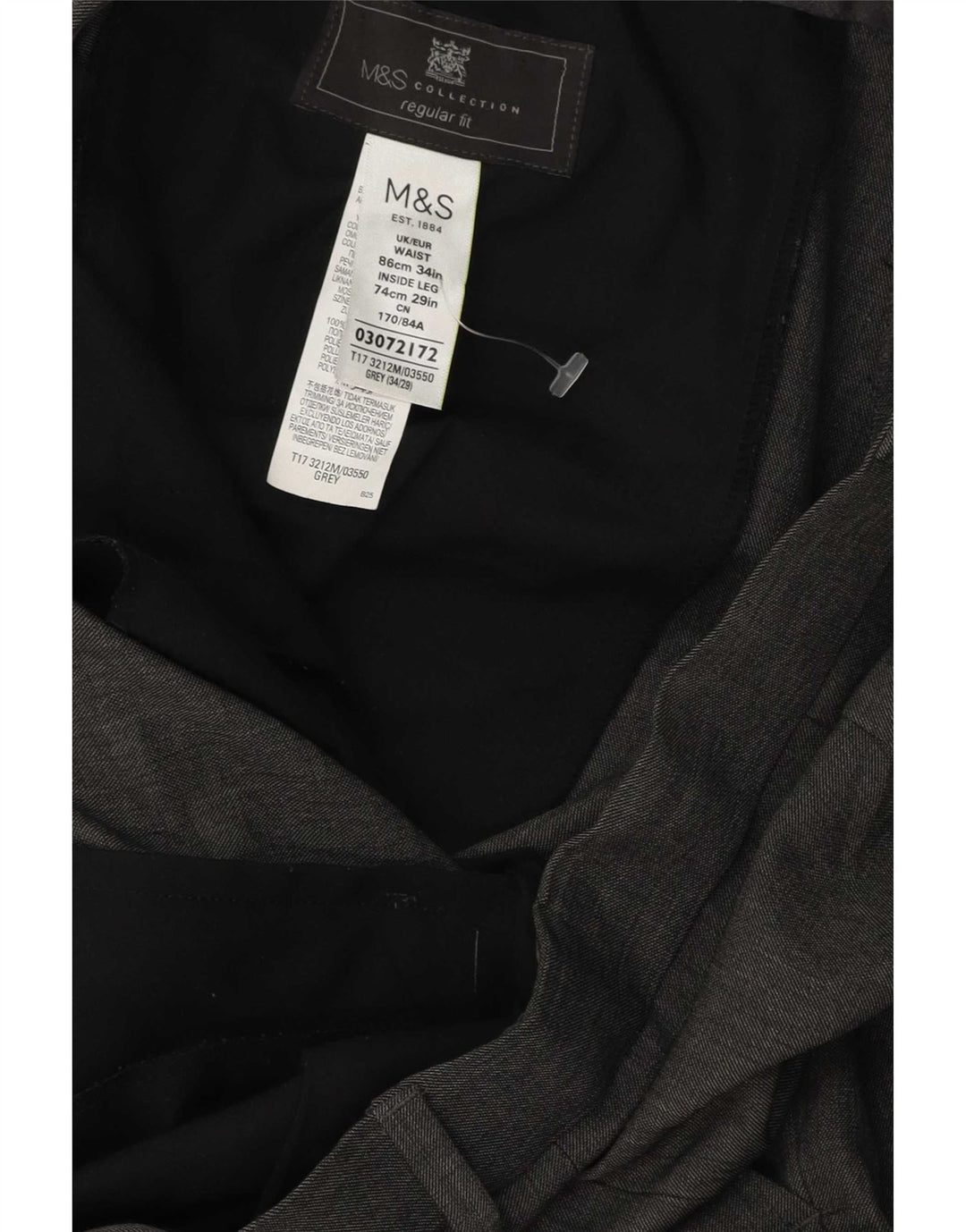Calça masculina de ajuste regular Marks & Spencer W34 L29 poliéster cinza