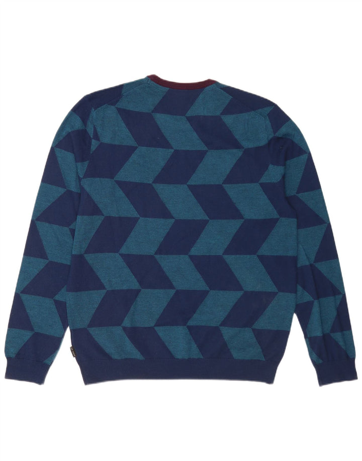 Suéter masculino Ted Baker com gola redonda tamanho 5 XL lã geométrica azul
