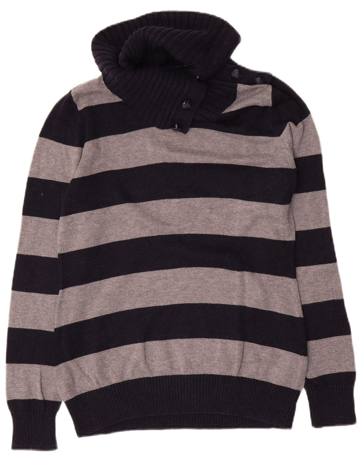Suéter feminino Massimo Dutti com gola redonda e botão Reino Unido 12 médio azul marinho