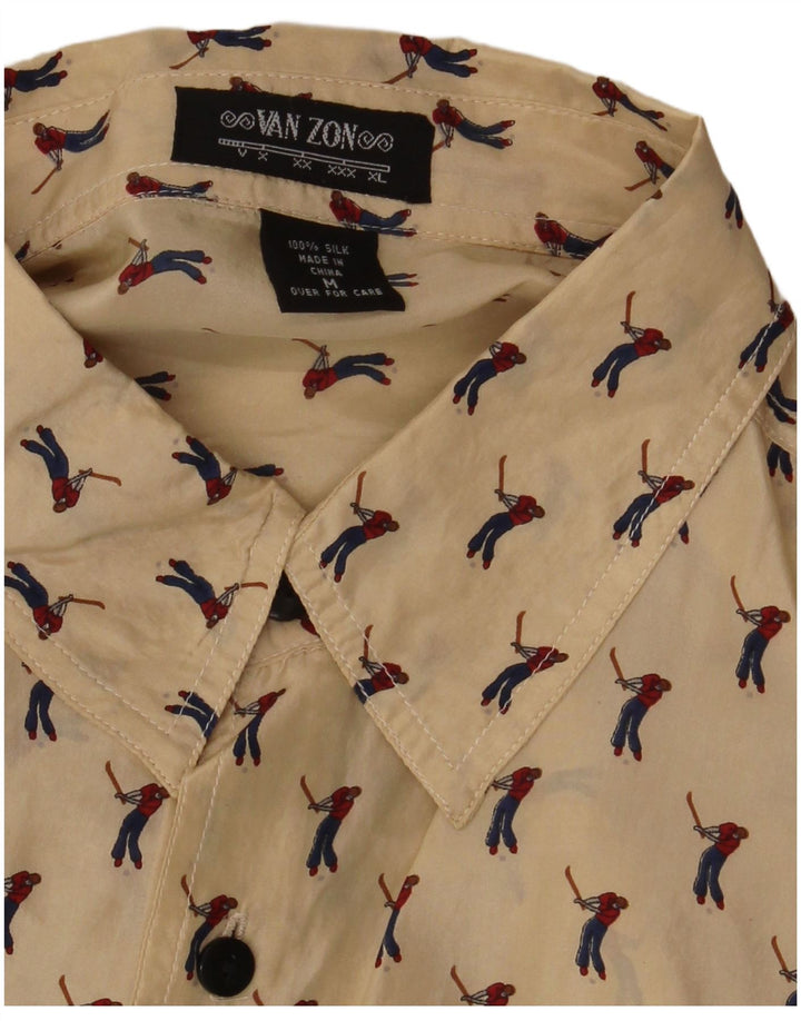 VAN ZON Camisa masculina de manga curta com estampa abstrata de golfe média bege seda