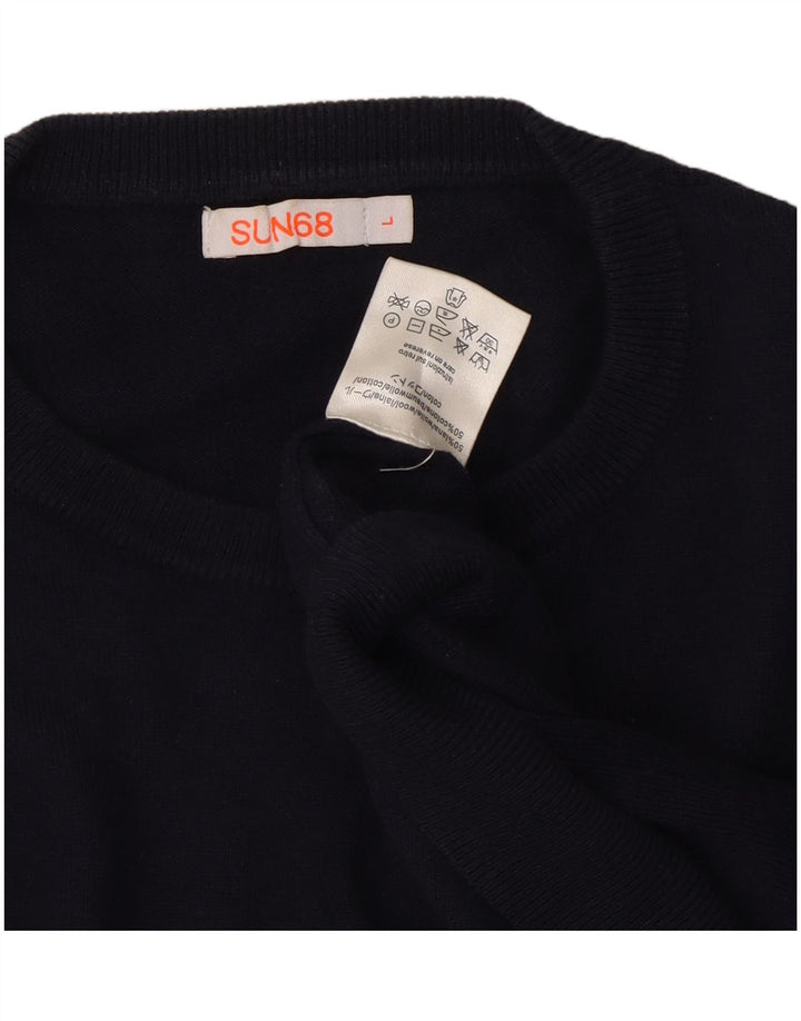 Suéter masculino Sun68 com gola redonda, grande lã azul marinho