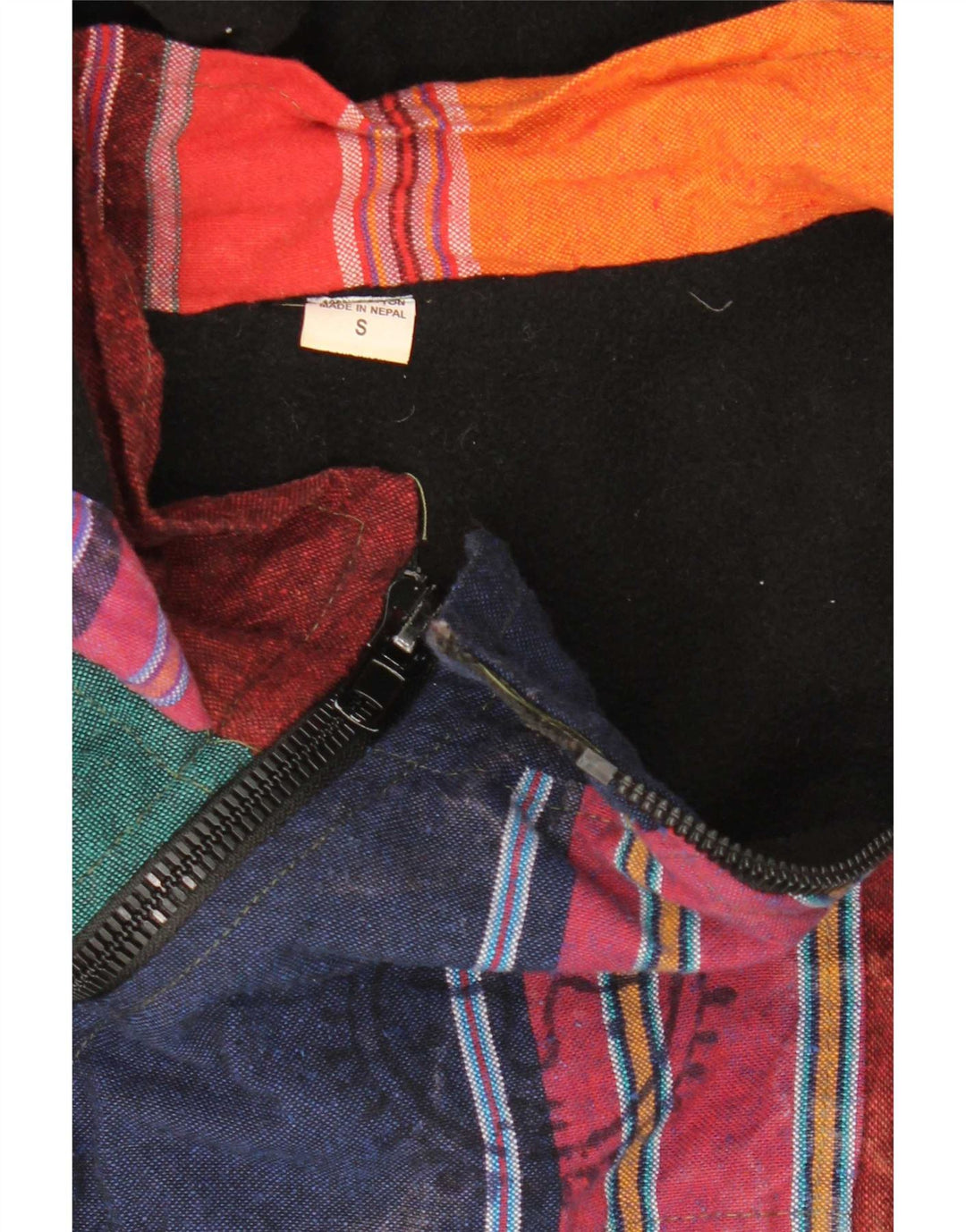 Jaqueta Anorak masculina vintage com capuz Reino Unido 36 pequeno patchwork multicolorido asteca