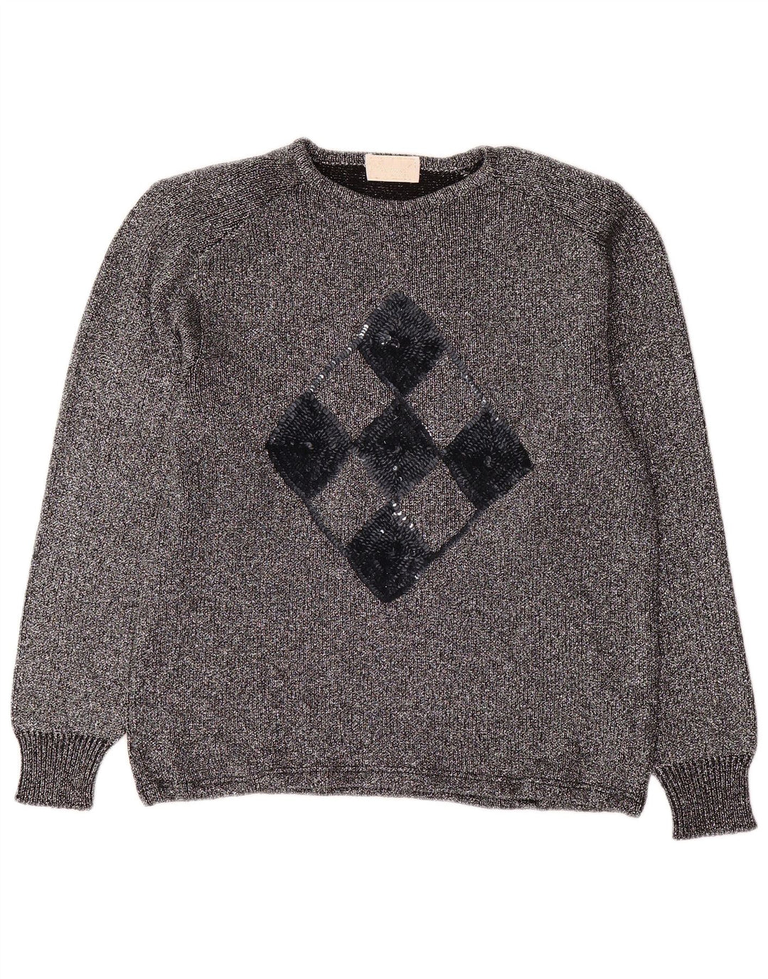 VINTAGE Womens Crew Neck Jumper Sweater UK 16 Large Silver Argyle/Diamond