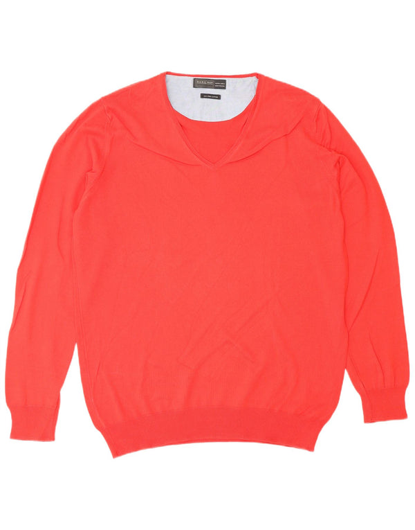 ZARA Mens V-Neck Jumper Sweater Large Red Cotton