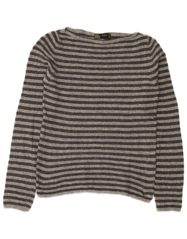 Suéter feminino Zara com gola canoa, Reino Unido 14, lã listrada cinza grande