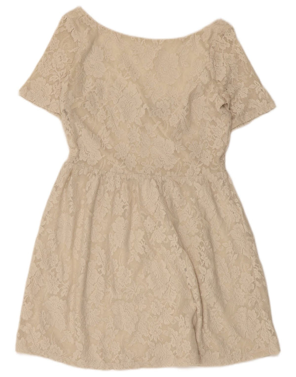 Vestido feminino Zara de renda evasê UK 12 poliamida floral bege médio