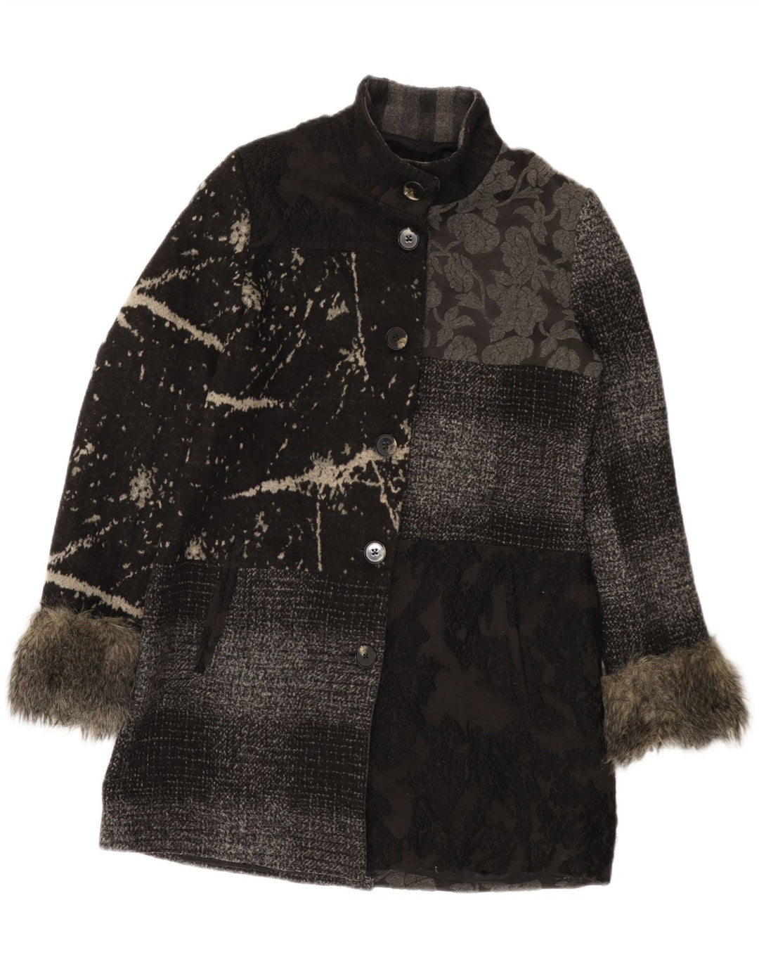 Sobretudo feminino Desigual EU 44 XL cinza patchwork poliéster