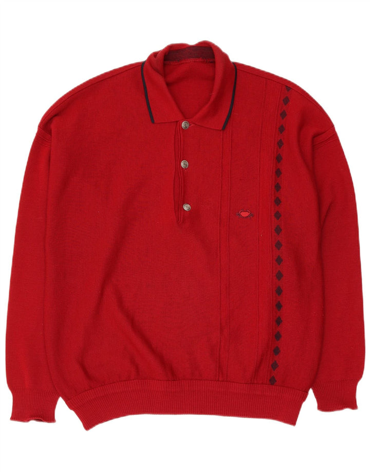 Suéter vintage masculino com gola polo e meio vermelho geométrico