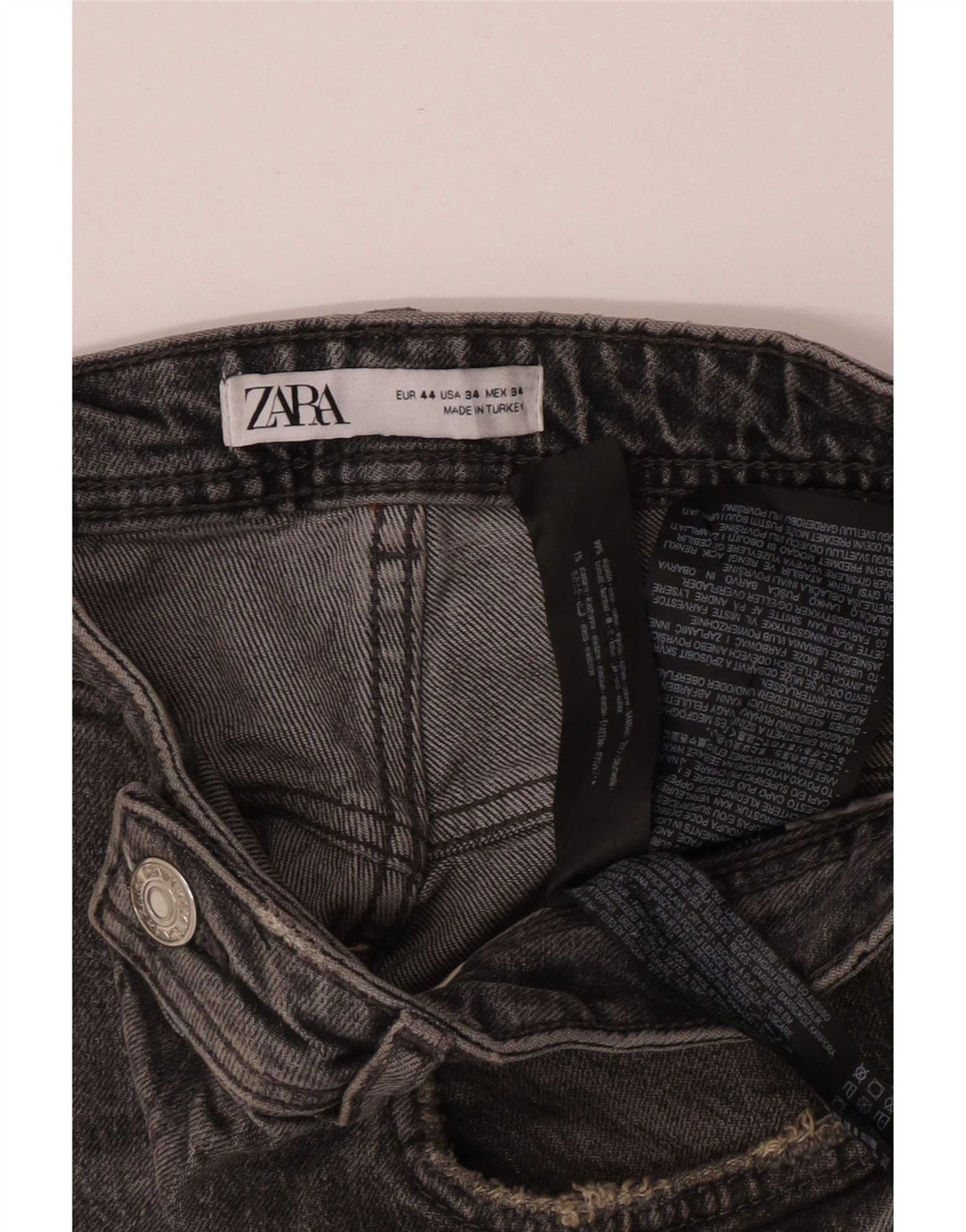 Zara Calça jeans reta masculina desgastada UE 44 grande W34 L29 algodão cinza