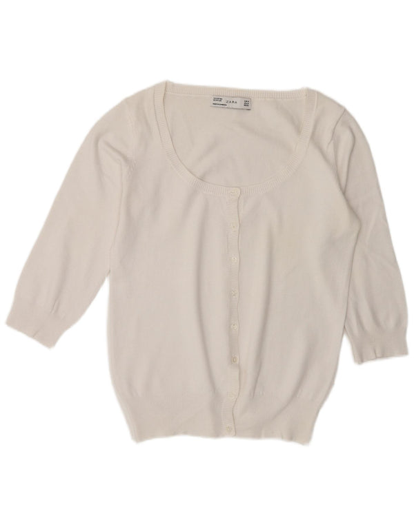 Suéter cardigã feminino Zara manga 3/4 Reino Unido 14 algodão branco médio