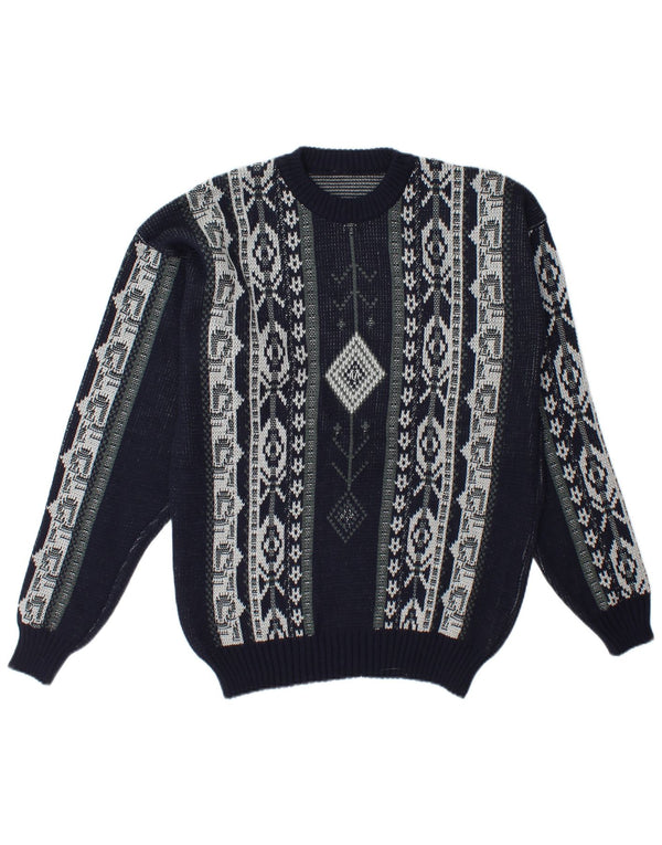Suéter vintage masculino com gola redonda grande azul marinho Fair Isle