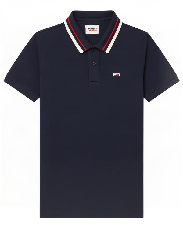 Camisa polo masculina Tommy Hilfiger pequena listrada azul marinho de algodão