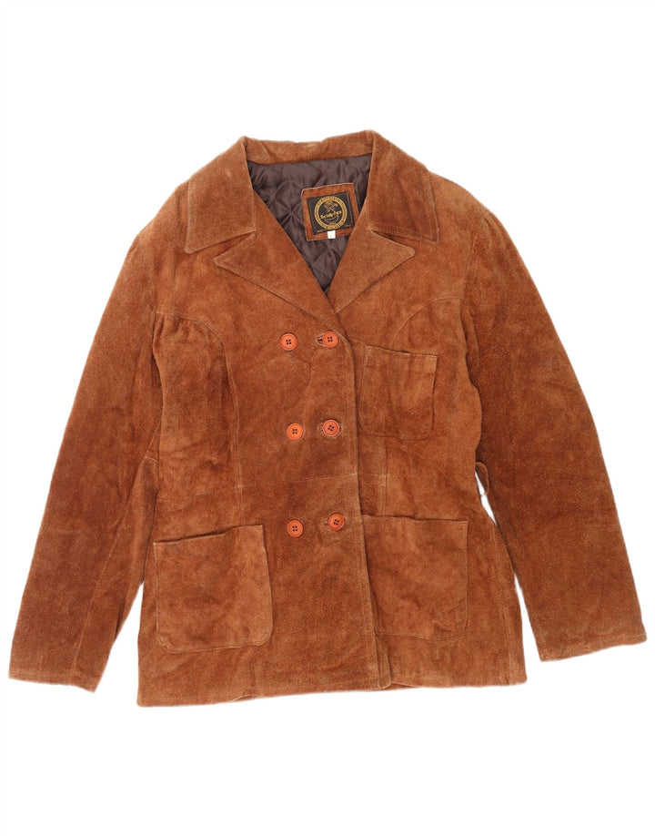 Casaco feminino vintage de camurça com peito duplo Reino Unido 16 grande couro marrom