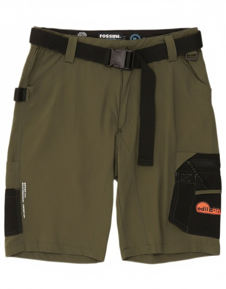 Shorts cargo masculino vintage gráfico grande W34 cáqui colorblock