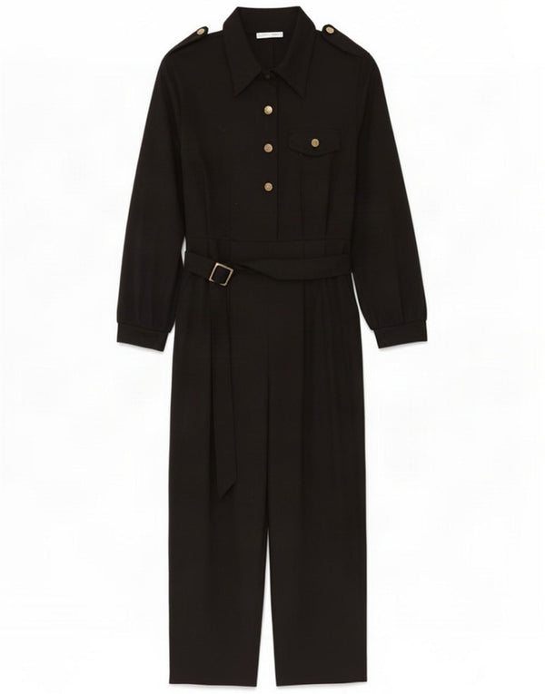 Zara Macacão militar feminino de manga comprida Reino Unido 14 grande poliéster preto
