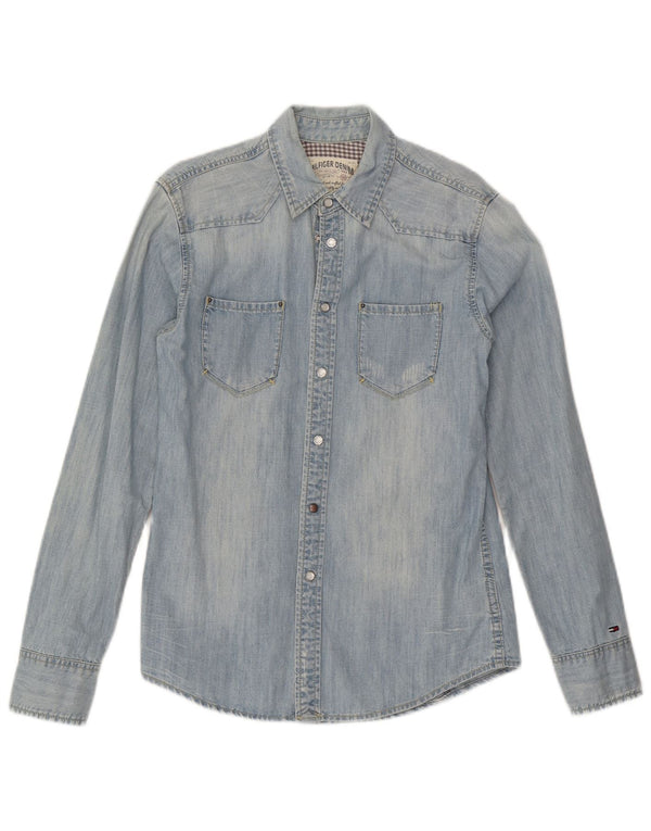 Camisa jeans masculina Tommy Hilfiger pequena azul algodão