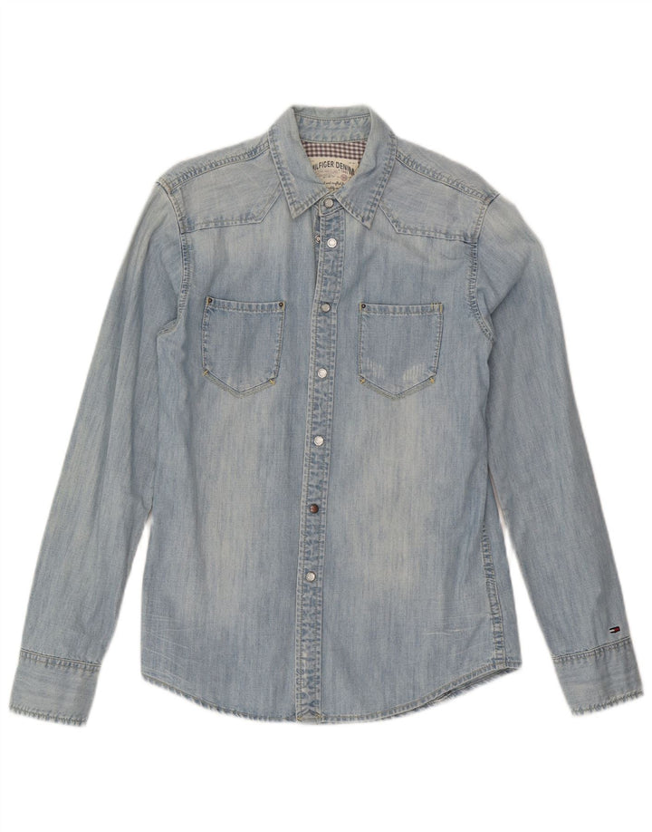 Camisa jeans masculina Tommy Hilfiger pequena azul algodão