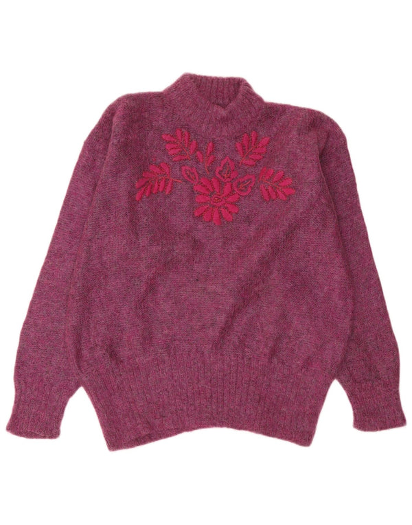 Suéter feminino vintage com gola tartaruga de grandes dimensões Reino Unido 18 XL roxo floral