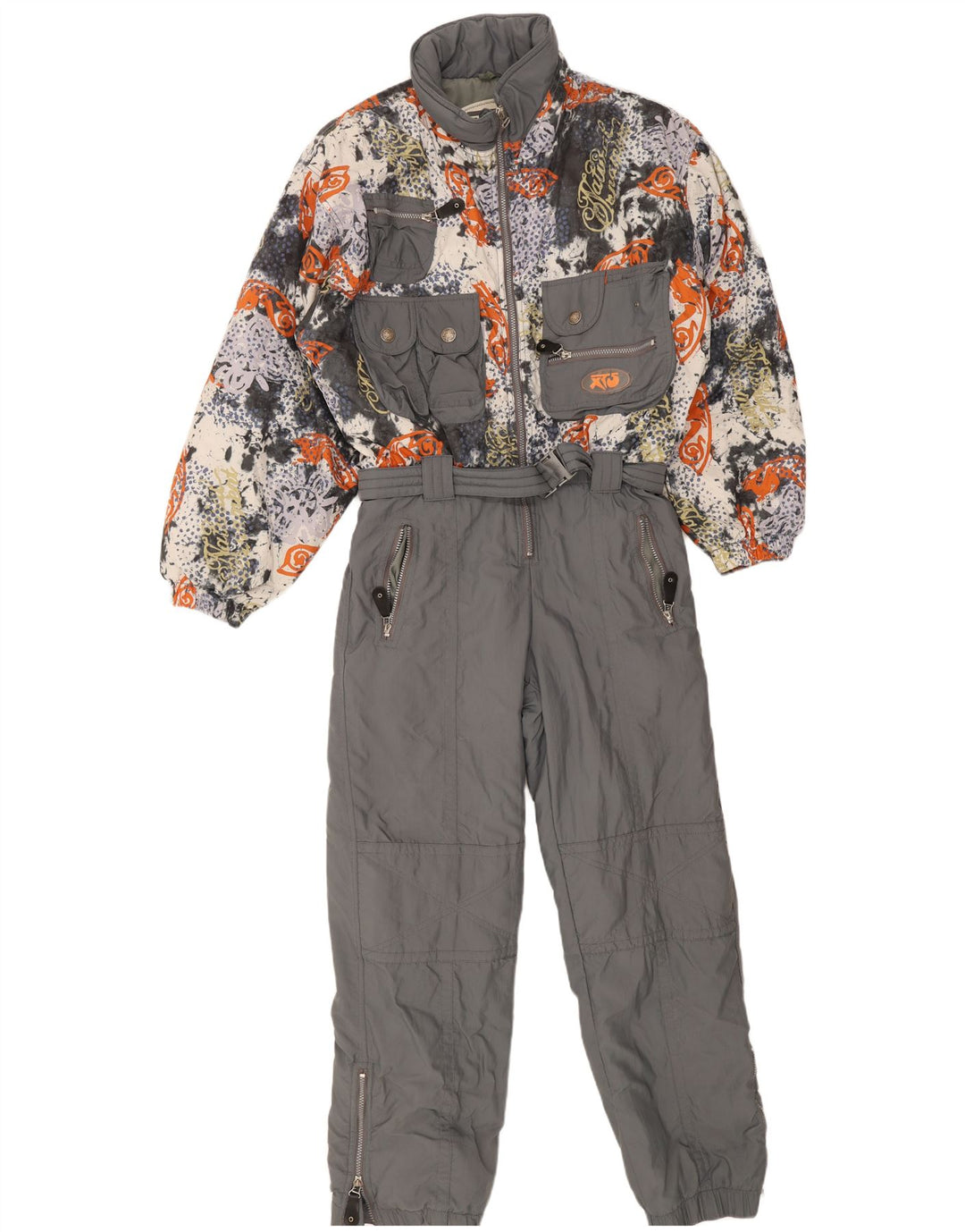 Macacão de esqui vintage masculino com padrão abstrato grande cinza
