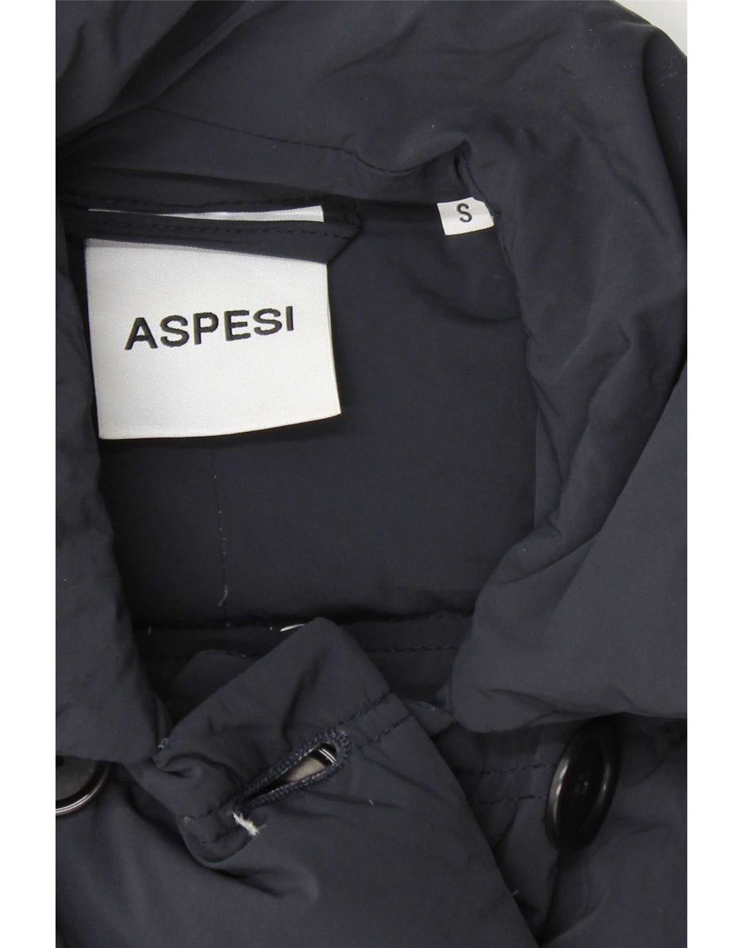 Casaco acolchoado feminino Aspesi com peito duplo UK 10 pequeno azul marinho poliamida