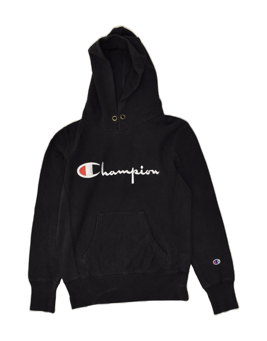 CHAMPION Mens Graphic Hoodie Jumper Small Black Cotton Vintage Champion and Second-Hand Champion from Messina Hembry 