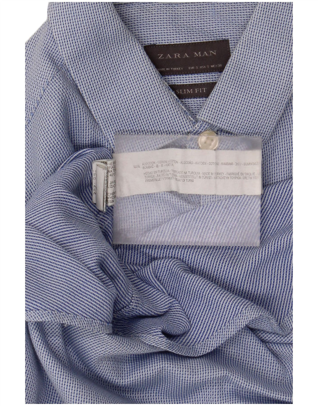 Camisa masculina Zara Slim Fit pequena algodão manchado azul