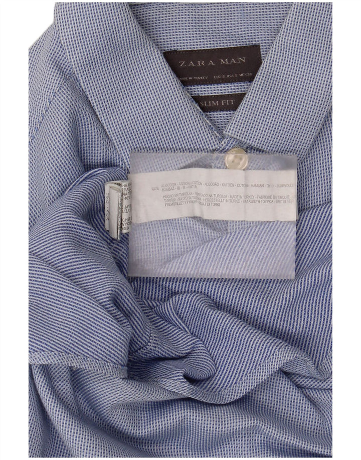 Camisa masculina Zara Slim Fit pequena algodão manchado azul