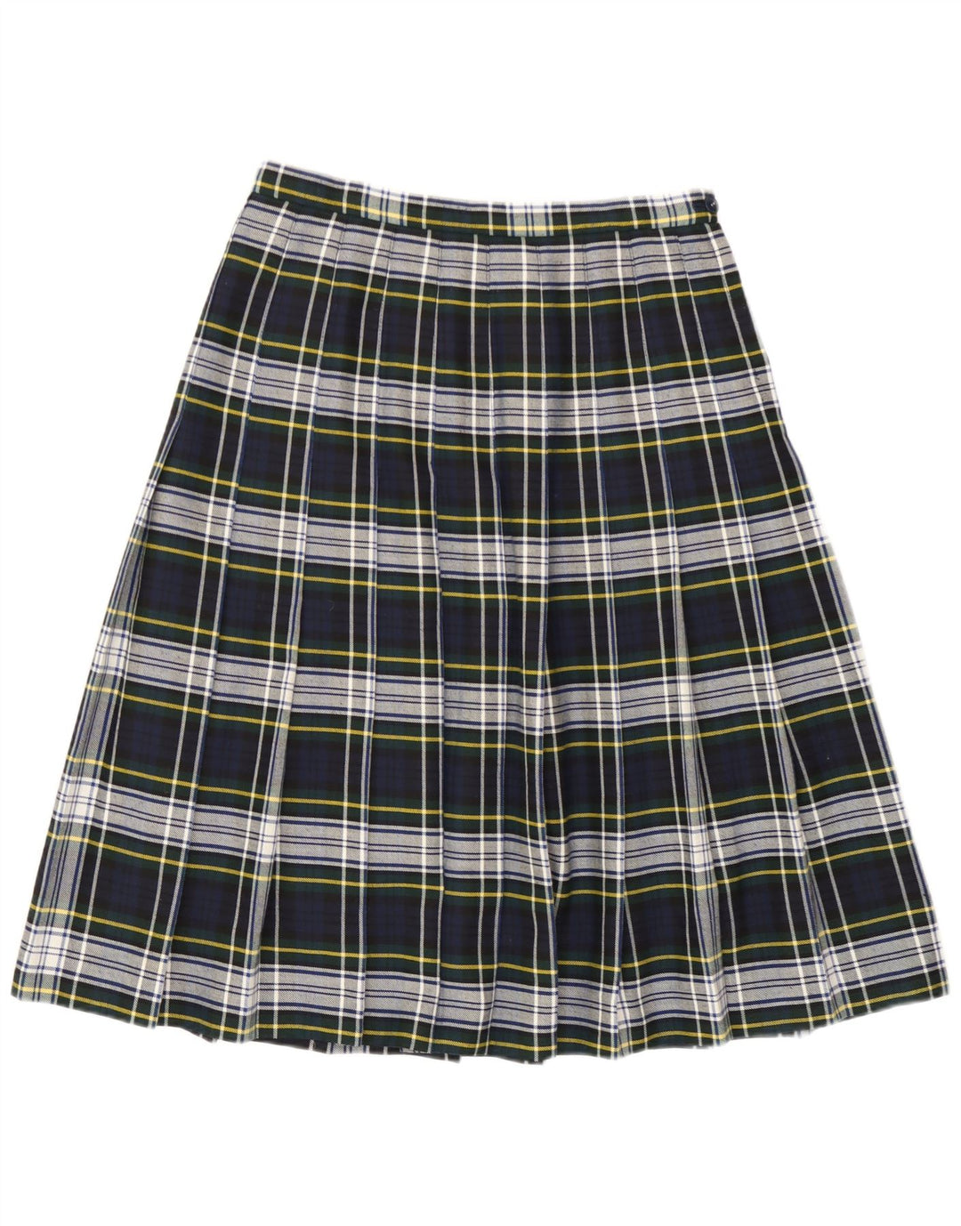 Saia plissada faca feminina vintage W28 poliéster xadrez azul marinho médio