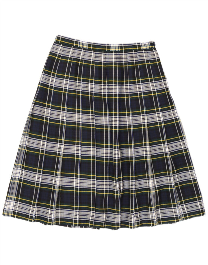 Saia plissada faca feminina vintage W28 poliéster xadrez azul marinho médio