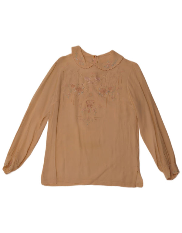 Blusa feminina VINTAGE de manga comprida UE 36 pequena seda floral bege