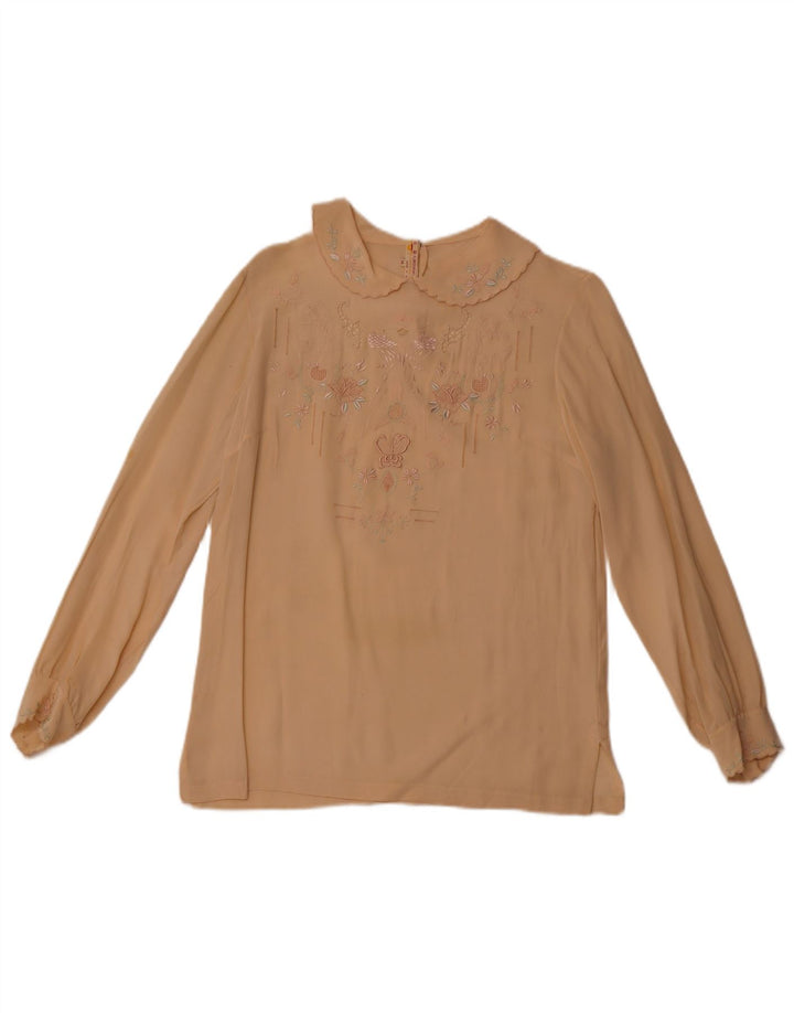 Blusa feminina VINTAGE de manga comprida UE 36 pequena seda floral bege
