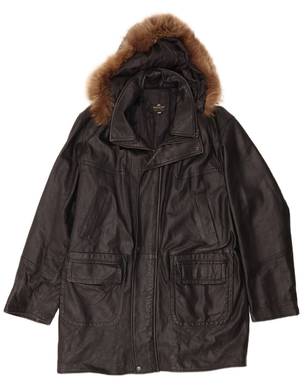 Casaco masculino de couro com capuz Gianfranco Cenci Reino Unido 42 XL preto