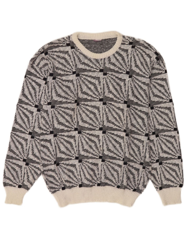 Suéter vintage masculino com gola redonda, médio branco geométrico