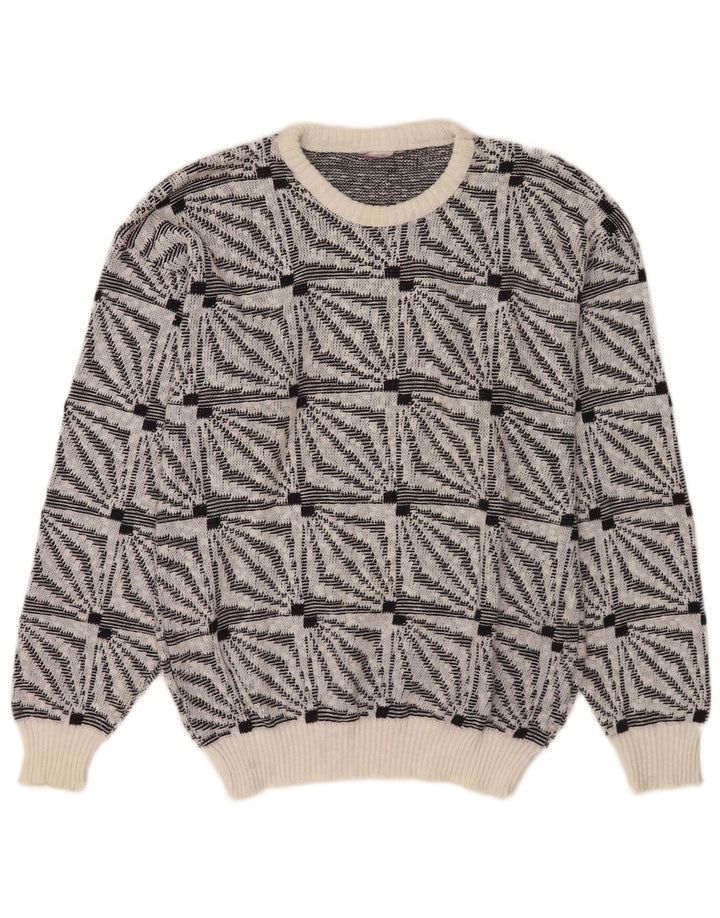 Suéter vintage masculino com gola redonda, médio branco geométrico