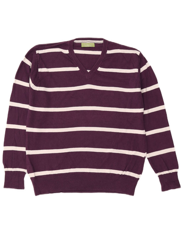 Suéter masculino Zara com decote em V XL algodão listrado roxo