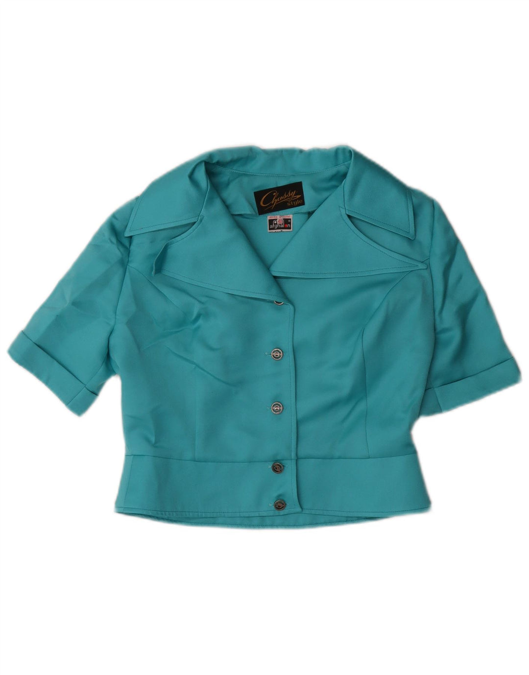 Blusa feminina VINTAGE manga curta curta EU 40 poliéster azul médio
