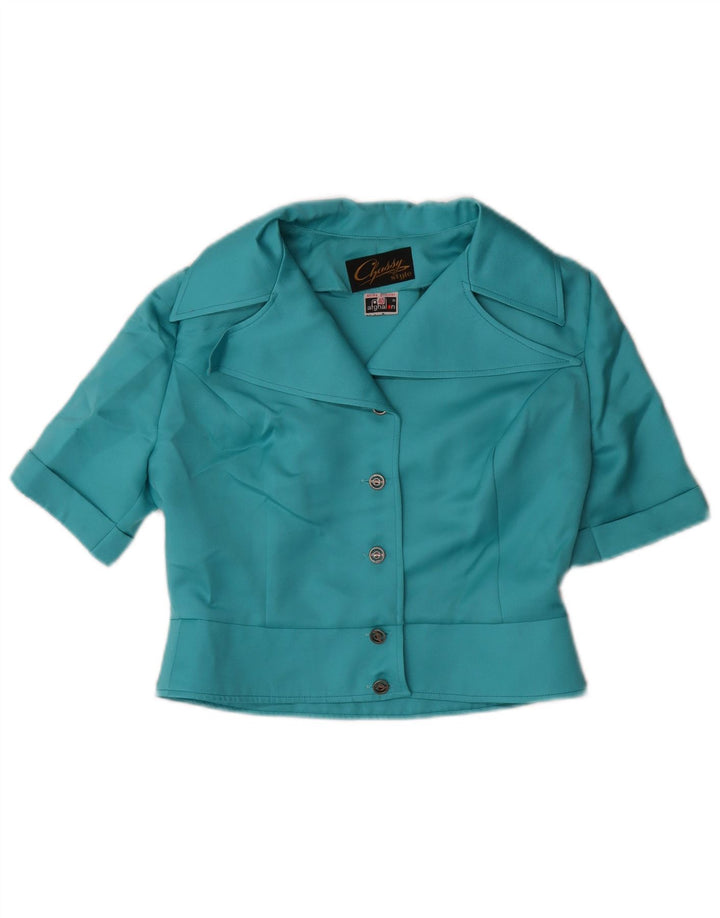 Blusa feminina VINTAGE manga curta curta EU 40 poliéster azul médio