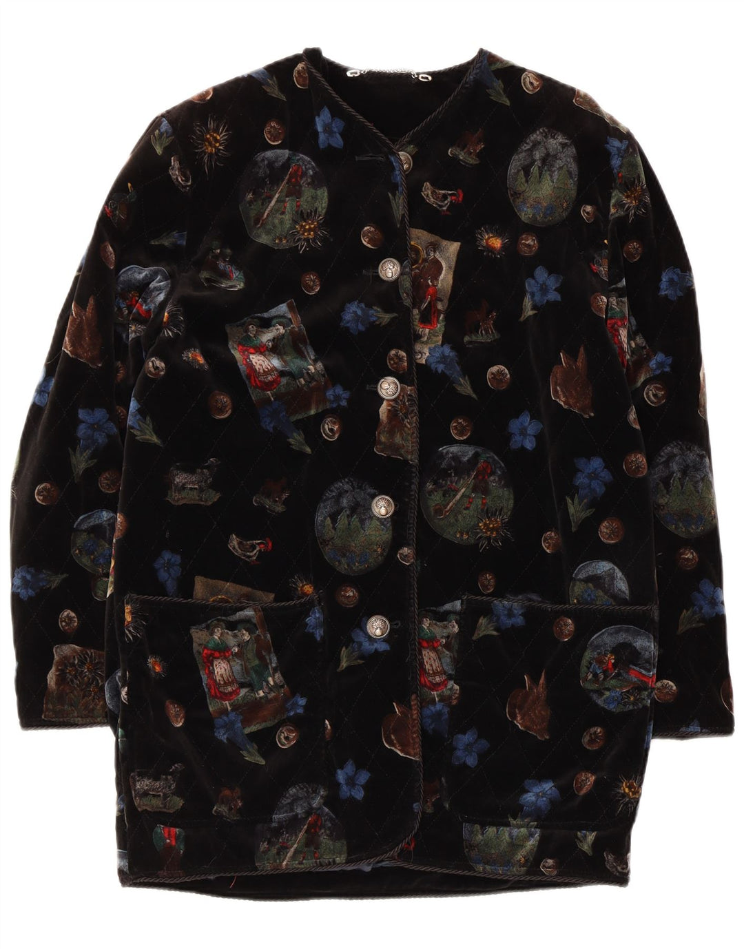 Sobretudo feminino vintage de veludo gráfico UK 12 médio preto floral