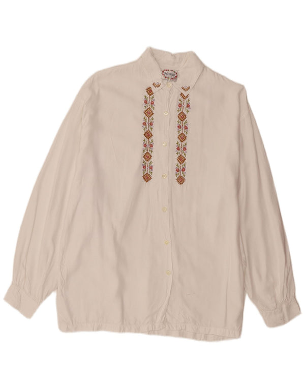 Camisa feminina vintage Reino Unido 16 grande viscose floral branca