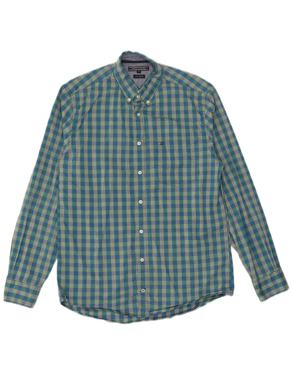 Tommy Hilfiger Camisa masculina New York Fit de algodão guingão azul médio