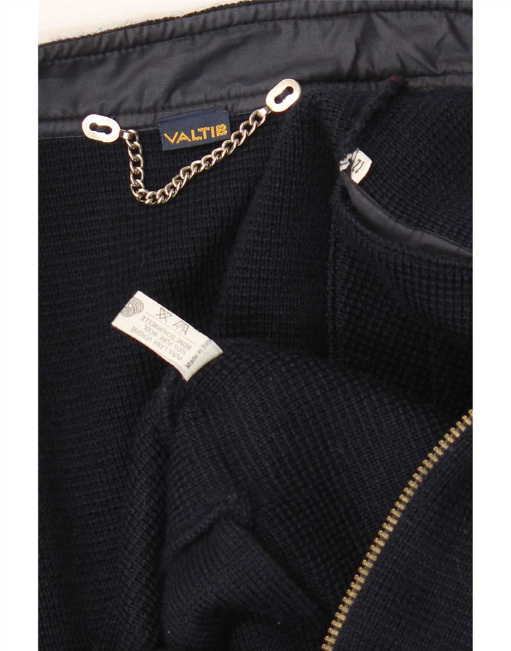 Suéter cardigã feminino vintage Reino Unido 12 médio azul marinho lã nova